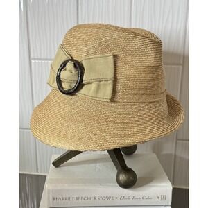 Women's Tarnish Asymmetrical Summer Beach Straw Hat W/ Fabric bow & Buckle EUC